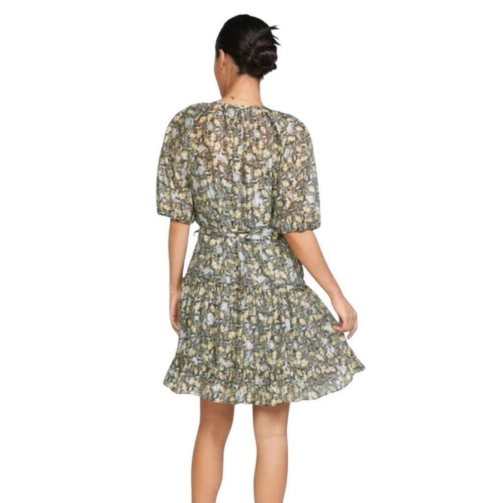 NWT Current Air M Gray Floral Wrap Dress Ruffle Mini V-Neck Puff Sleeve Cottage - Picture 4 of 9